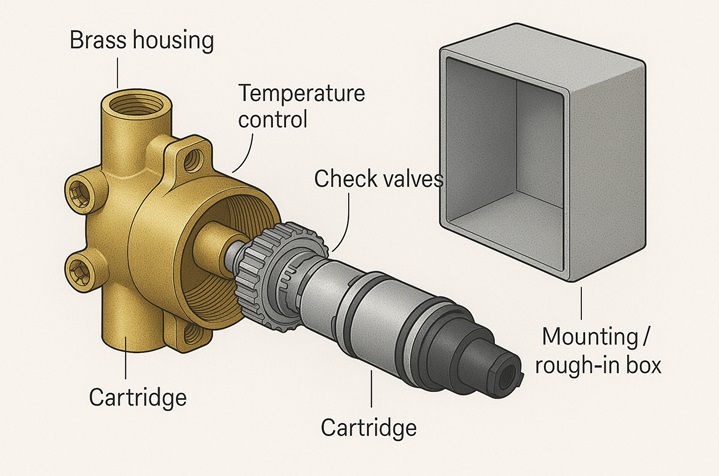 Exploded view of thermostatic shower valve body, cartridge, and escutcheon
